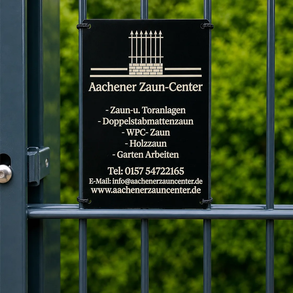 Firmenschild des Aachener Zaun-Centers an einem Doppelstabmatten-Tor